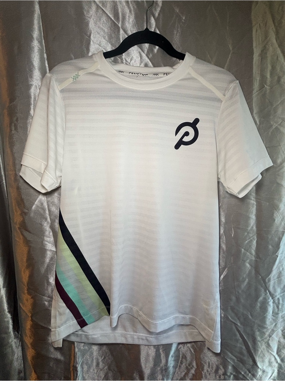 Peloton White Performance Tee with Navy Logo and Multicolor Side Stripe Size Sma